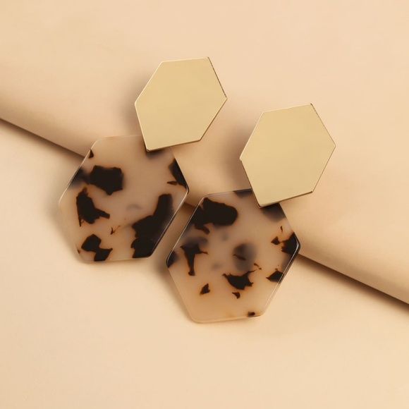 Tortoise shell earrings gold tan brown - Picture 2 of 3